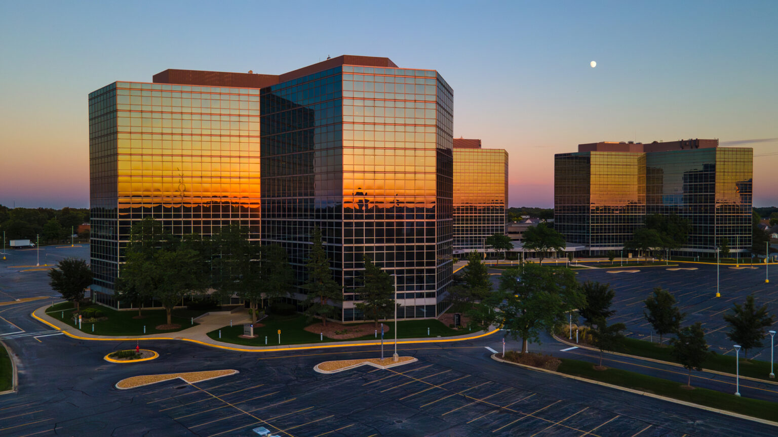 Drone image of corporate office in Oak Brook IL at sunset