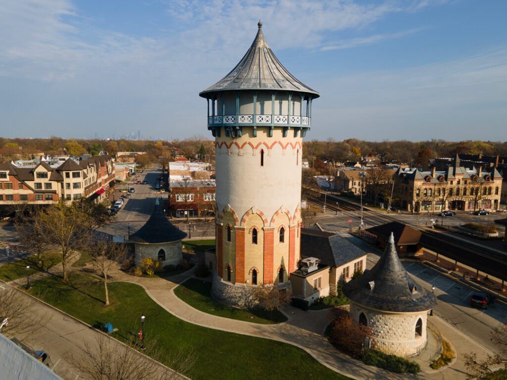 Aerial image of Downtown Riverside IL tower